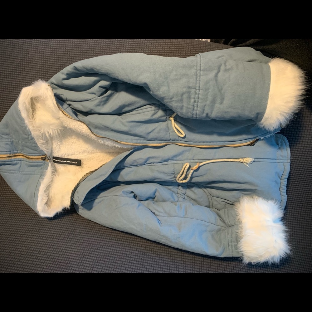Blue fur sleeve jacket. MercibeauCorp hello kitty
